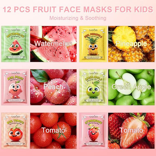 12 PCS Fruit Face Masks Skincare for Kids, Spa Party Facial Mask Set, Moisturize Sheet Masks Skin Care, Christmas Birthday Gifts for Women Girls, Hydrate and Soothe for All Skin Types (12Pcs-Set01)