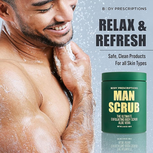 Body Prescriptions Men’s Exfoliating Body Scrub – Ultimate Skin Cleansing Wash in Jar with Twist-Top Lid, For All Skin Types, 21 Ounce (Pack of 2), Aloe Vera