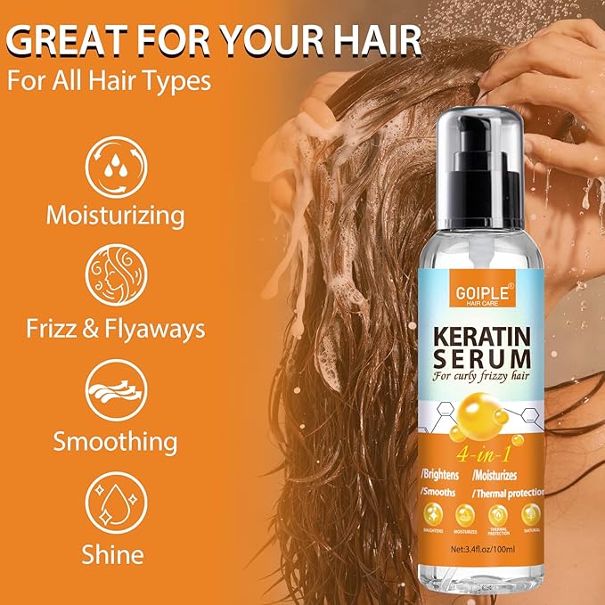 Keratin Hair Serum for - Heat Protectant with Castor Oil Treatment for Frizzy, Dry & Damaged Hair - Nourishes and Repairs Hair for Shine and Softness
