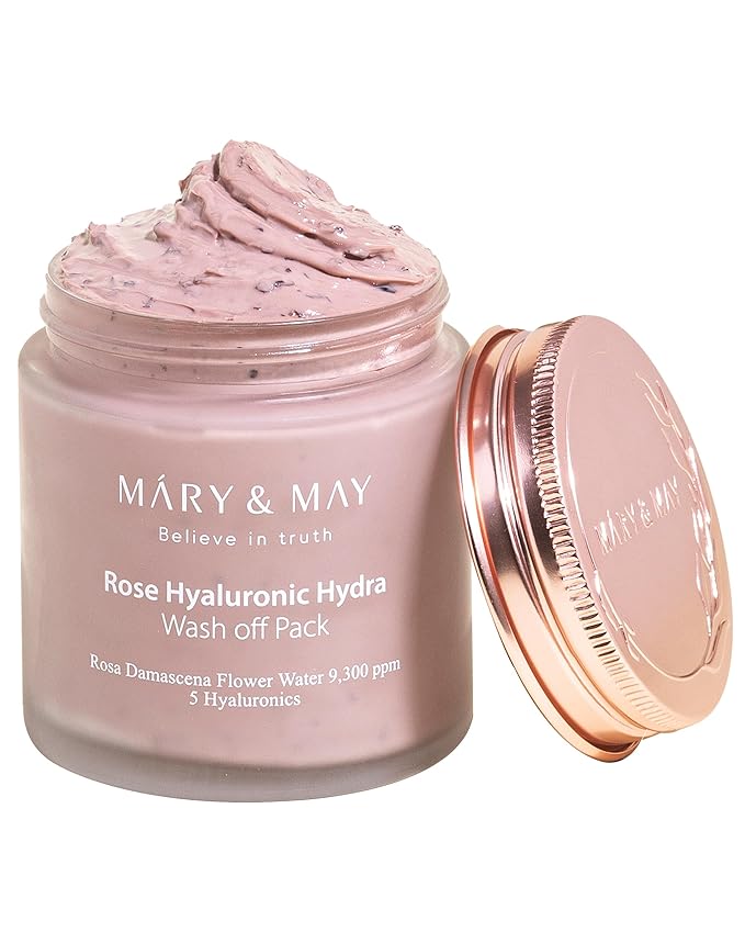 Mary&May Vegan Rose Hyaluronic Hydra Wash Off Mask - Rose Petal and Damask Rose Water Cream Mask for Moisturizing, Exfoliation, and Blackhead Removal - Korean Skincare, 10.1oz.