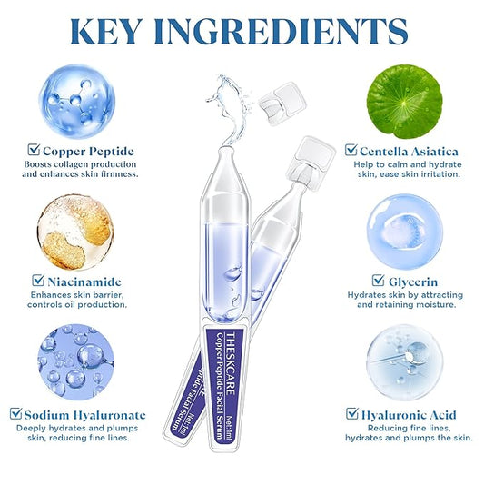 Copper Peptide Serum Ampoule for Face with Niacinamide & Hyaluronic Acid to Hydrate Skin, Reduce Wrinkles and Plump Skin,30 Ampoules