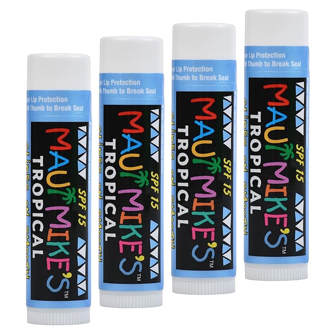 MAUI MIKE'S SPF-15 Best Tasting (Tropical) Lip Balm with Sun Protection(4 Pack). Includes Vitamin E,Aloe Vera and Beeswax. Non Waxy. Best Moisturing Lip Balm for Longer Lasting Flavor.