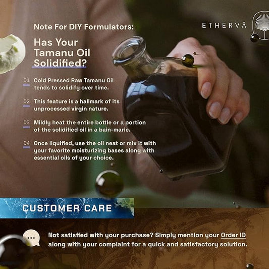 ETHERVA Tamanu Oil | No Chemicals | Natural Scent | Unrefined, Raw, Cold Pressed, Solidifies in Winter | Wild Grown Organic Indian Origin | DIY Face, Body, Scalp & Hair | Aluminium Bottle 20.9 Fl Oz