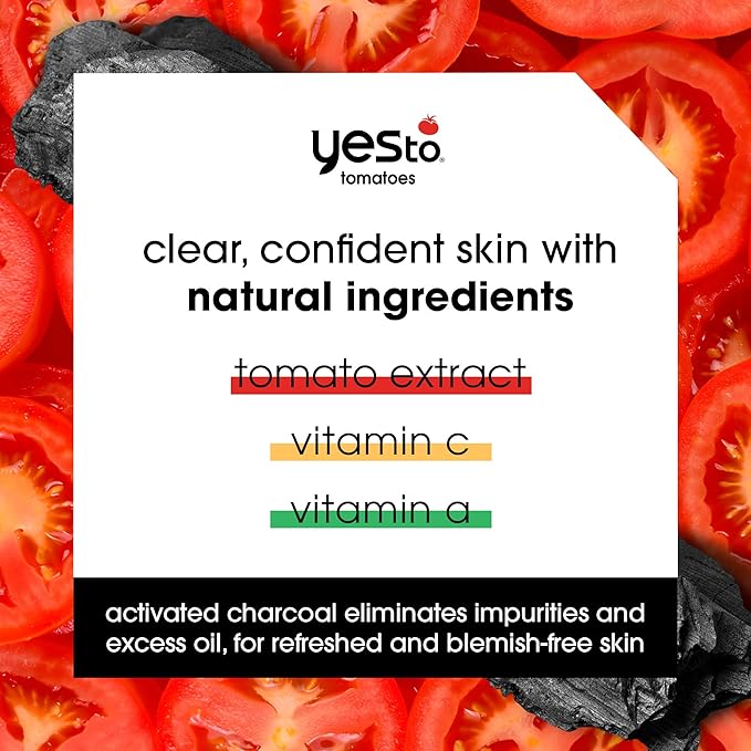 Yes To Tomatoes Clear Skin Detoxifying Charcoal Mud Mask For Acne Prone Skin Draw Out Impurities And Prevent Breakouts Contains Salicylic Acid 96 Natural Ingredients, Red, Tomato, 2.006 Fl Oz