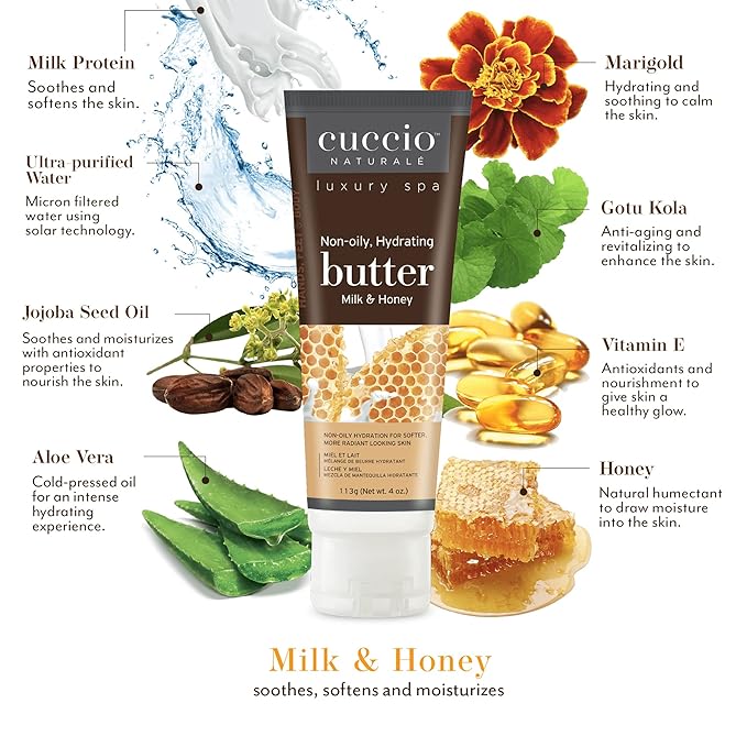 Cuccio Naturale Luxury Spa Hydration Essentials Set - Provides Nourishing Hydration - Soothes And Softens The Skin - Delivers A Relaxing Feeling - Milk And Honey - 2 Pc Body Butter And Cuticle Oil