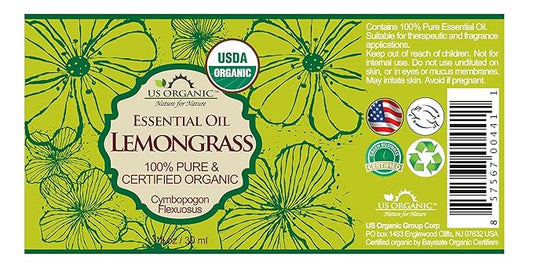 US Organic 100% Pure Lemongrass Essential Oil, USDA Certified Organic, Extracted by Steam Distillation Method, for Hair, Nail Polish Remover, Bees Attraction, and More. 30 ml, Value 2 Pack