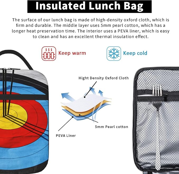 Arrow Target Archery Fun Insulated Lunch Bag Reusable Cooler Lunch Box Portable Leakproof Thermal Container Tote Bags for Girls Boys School Travel