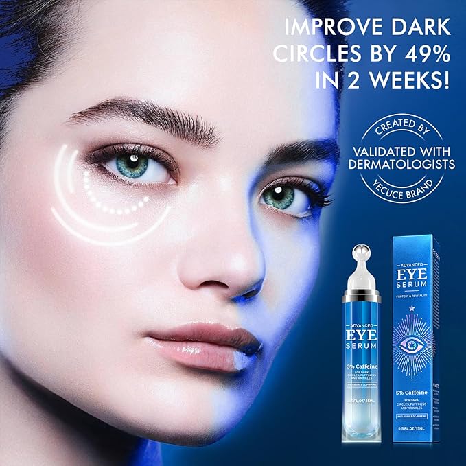 Advanced Eye Serum with Caffeine & Retinol,Eye Treatment Cream for Dark Circles Under,Anti Aging Eye Serum with 360°Massage Roller for Eye Massage Ball-0.5 fl.oz