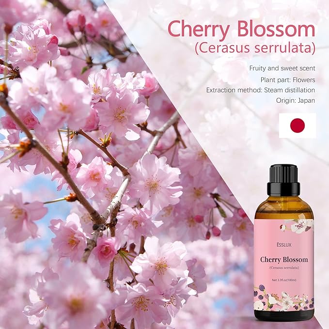 Cherry Blossom Essential Oil 100ml, ESSLUX Aromatherapy Oils for Diffuser, Massage, Soap, Candle Making, Perfume