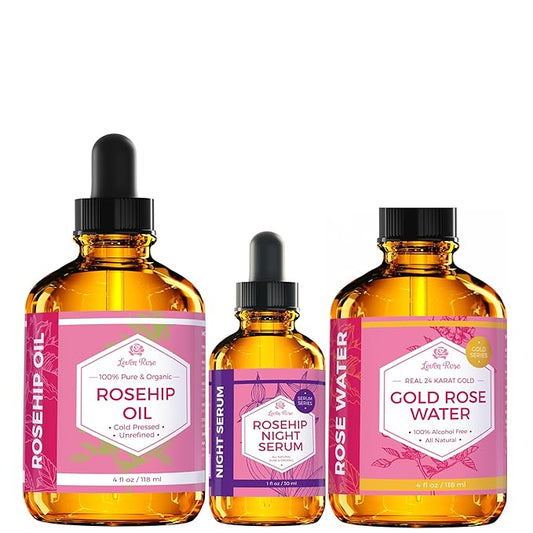 Leven Rose Winter Combat Bundle with Rosehip Oil 4oz, Rosehip Night Serum, and 24k Gold Rose Water