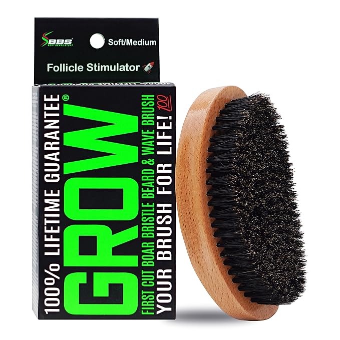GROW First Cut Boar Bristle Beard & Wave Brush for Men 360 - Beard/Hair Growth Follicle Stimulator - Exfoliate - Detangle - Moisturize - Improve Circulation & Blood Flow (USA)