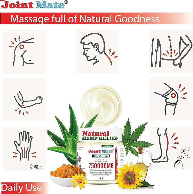 Hemp Cream HIGH Strength for Joint & Muscle Natural Massage Knee Hands Feet Shoulder Neck Lower Back- Non GMO- Clean- Organic Relief rub Balm