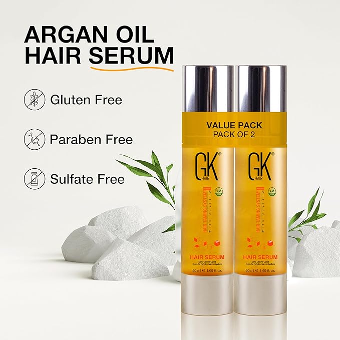 GK HAIR Global Keratin 100% Organic Argan Oil Anti Frizz Hair Serum Pack of 2 (1.69 Fl Oz/50ml) Styling Smoothing Strengthening Hydrating & Nourishing Heat Protection Shine For Frizzy Dry Damaged Hair