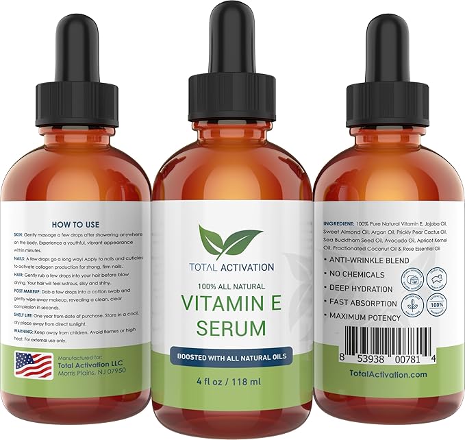 Large 4 oz Organic Vitamin E Oil 100% Pure Cold Pressed for Skin Face Hair Nail Growth, Dry Skin, Body Moisturizer Anti-Aging Skin Moisturizer compare with Vitamin E Cream Scar Minimizer Cream