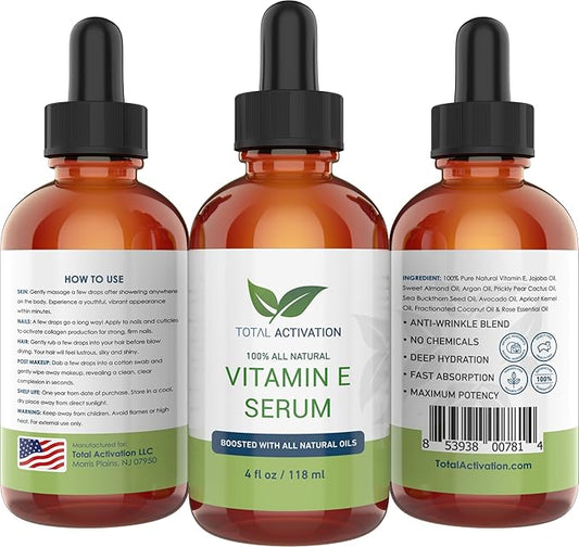 Large 4 oz Organic Vitamin E Oil 100% Pure Cold Pressed for Skin Face Hair Nail Growth, Dry Skin, Body Moisturizer Anti-Aging Skin Moisturizer compare with Vitamin E Cream Scar Minimizer Cream