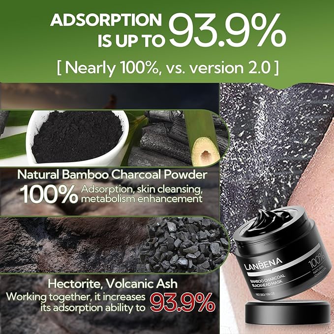 LANBENA 2 PCS Pore Strips, 2% BHA(Salicylic Acid) Nose Pore Strips 2.0 + Bamboo Charcoal Blackheads Remover Peel off Mask 3.0, Plants Pore Cleanser Purifying, added Amazonian White Clay, Oil Control