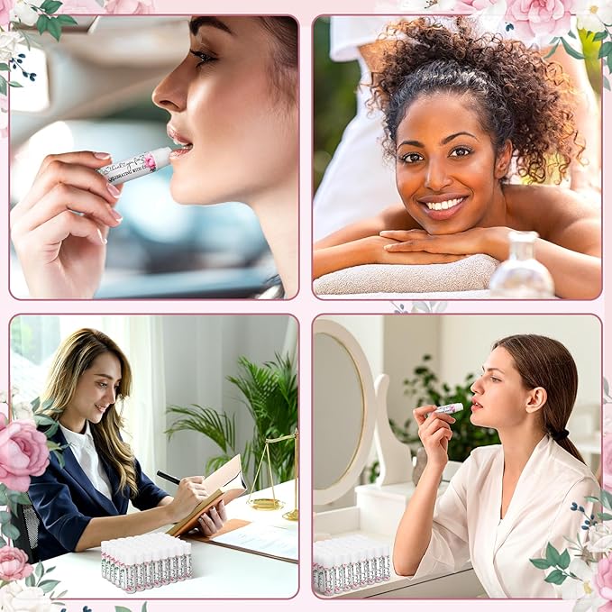 50 Pcs Pink Flowers Wedding Bridal Shower Gifts Bulk Floral Lip Balm Baby Shower Party Favors Thank You Appreciation Gifts for Women Tea Bachelorette Party