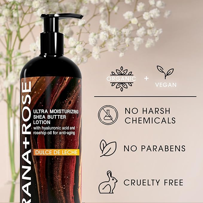 MADE IN THE USA Ultra Moisturizing Shea Butter Lotion with Hyaluronic Acid and Rosehip Oil for anti-aging ORGANIC VEGAN body and hand lotion 16oz (Dulce De Leche)