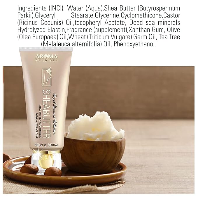 AROMA DEAD SEA Shea Butter Foot And Nail Cream Nourishing And Repair Damaged Skin. Enriched With Tea Tree Oil, Vitamin E And Wheat Germ Oil. Improves Skin Elasticity. (3.5 Fl.oz) (Pack Of 1)