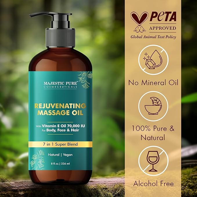 Majestic Pure Vitamin E 70k Blend Massage Oil with Sweet Almond, Jojoba, Argan, Avocado | Invigorating, Refreshing, and Relaxing | for All Skin Types - Men and Women | 8 Fl Oz