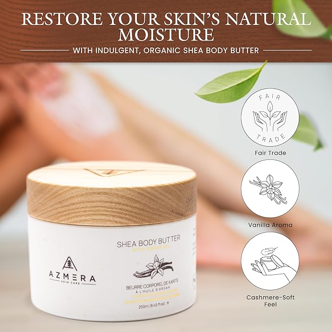 AZMERA Shea Body Butter - Organic Body Butter for Women & Men Dry Skin Rich in Antioxidants & Vitamin E - Vegan Shea Butter Moisturizer, Raw Shea Butter from Africa (Vanilla Bean, 250ML)