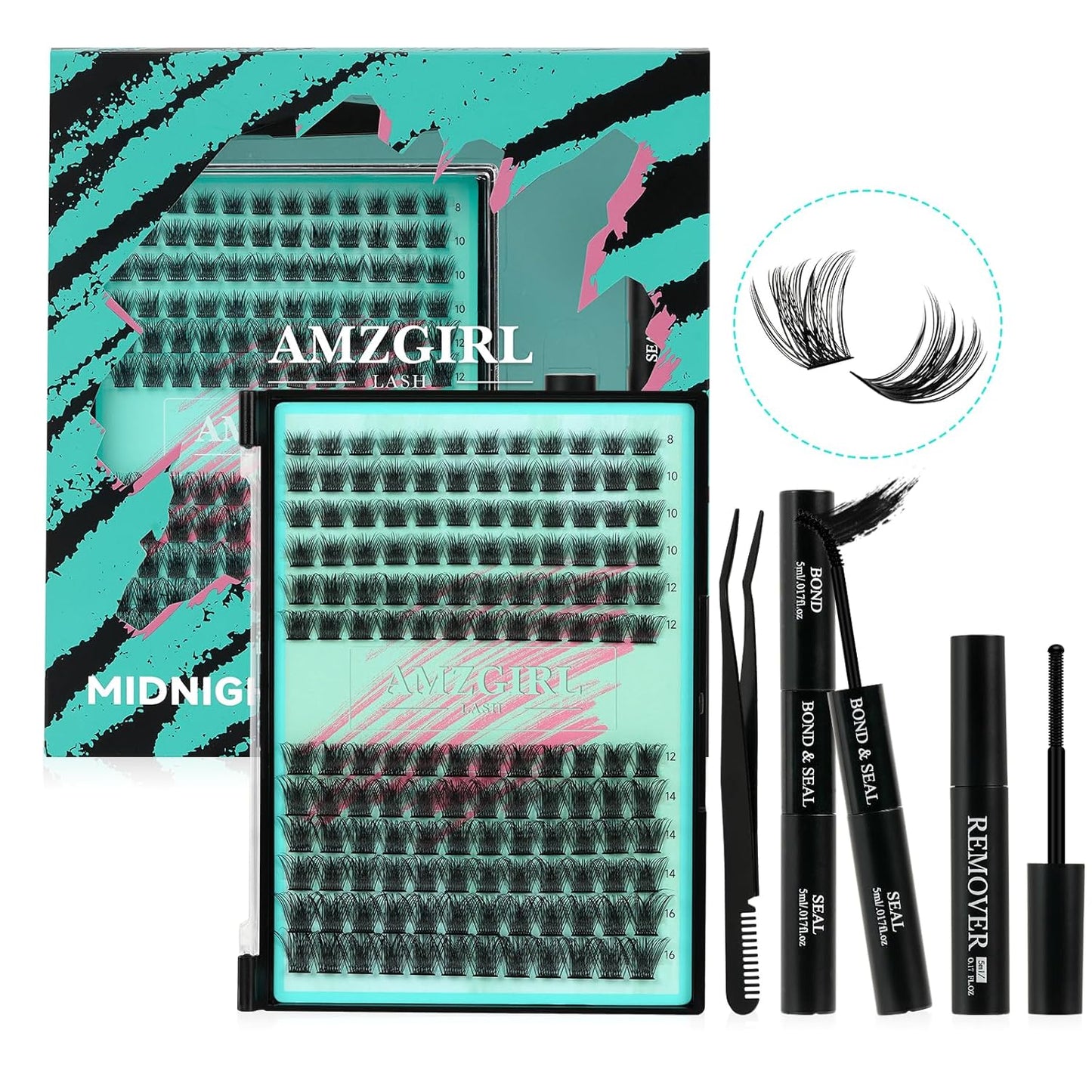 AMZGIRL LASH Midnight DIY Lash Extension Kit, 144 pcs Eyelash Clusters Kit Lash Bond and Seal, Lash Glue Remover and Applicator for Individual False Eyelashes Kit Lash Extensions(D-Mix 8-16mm Kit)