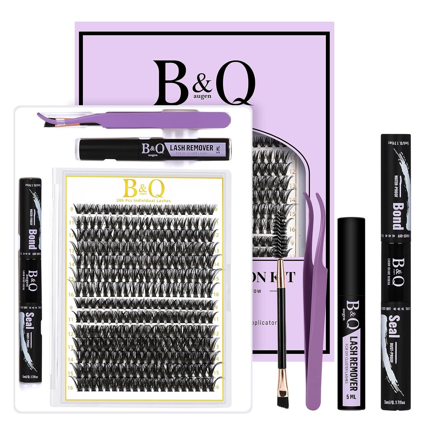 B&Q Lash Clusters Kit 280PCS Eyelash Clusters Kit,40D 50D D 9-16MIX Individual Lash Comfortable Eyelash Extension Set, Classic Look with Bond and Seal Waterproof, Remover DIY at Home(Set,40D+50D)