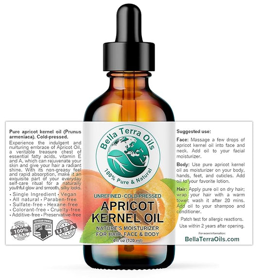 Bella Terra Oils - Organic Apricot Kernel Oil 4 oz - Pure Organic Apricot Essence, Abundant in Linoleic & Oleic Acid, A Luxurious Carrier Oil for Essential Oils