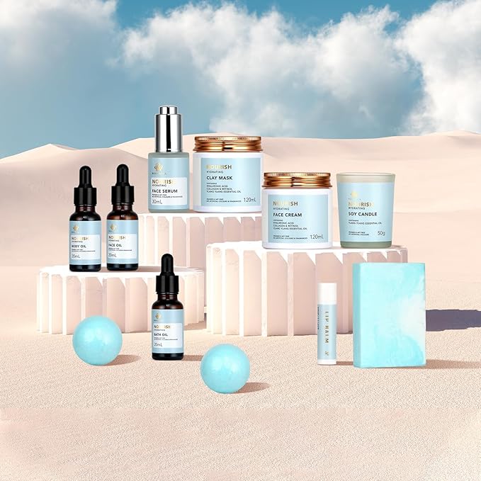 Spa Gift Set, 28pcs Ylang Ylang Facial Skin Care Set includes Face Cream, Bath Oil, Shower Accessories, Clay Mask. Body & Facial Kit for Women & Men, Mother's Day Gift, Birthday, Christmas, Dad