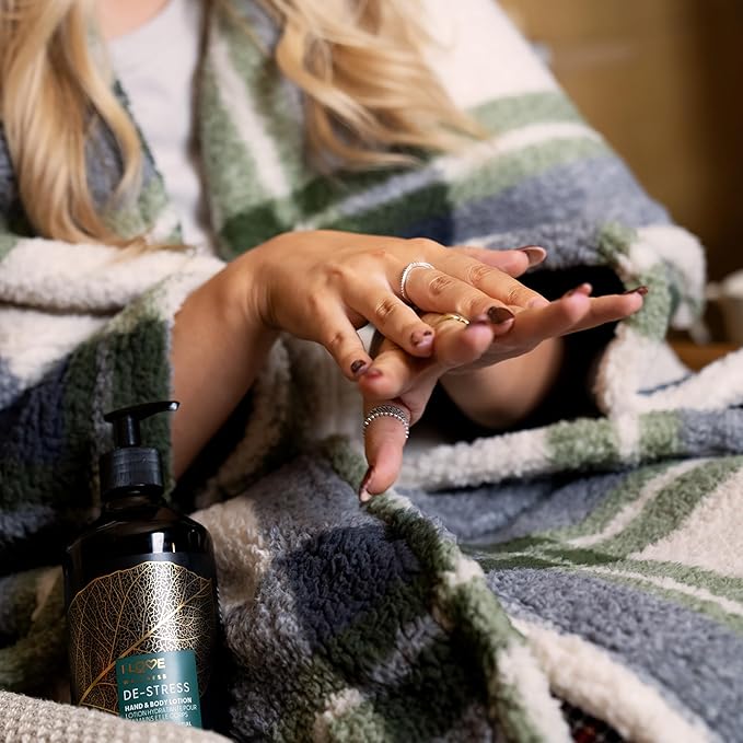 I Love Wellness De-Stress Hand and Body Lotion - Moisturizing Lotion for Dry Skin - Vitamin E Lotion - Lemongrass and Eucalyptus Scent - 16.9 oz