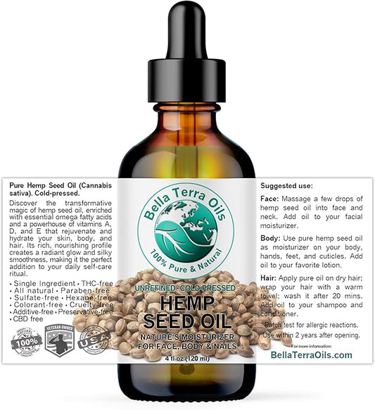 Bella Terra Oils - Hemp Seed Oil 4 oz - Dive into the World of Linoleic Acid & Alpha-Linolenic Acid, Packed with Essential Vitamins, Perfect for Cosmetic Elixirs