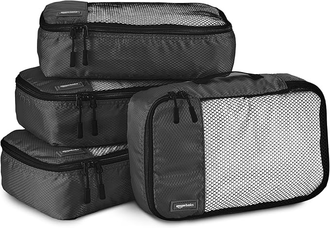 Amazon Basics Small Packing Cubes for Travel, Packing Organizers, 4-Piece-Set With Double Zipper Pulls and Mesh Top Panel, 100% Durable Polyester, Black, 11"L x 6.8"W x 3"H
