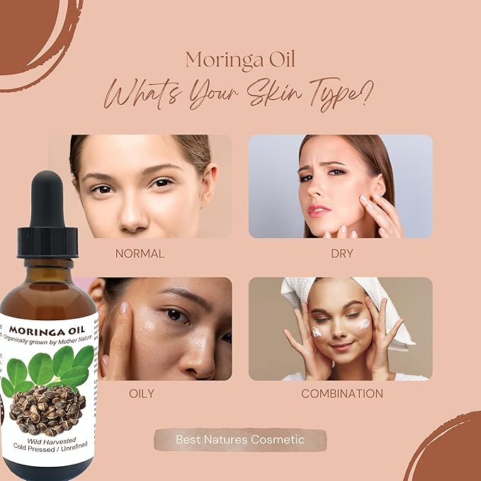 Best Nature's Cosmetics Moringa Oil (Organic, Undiluted, Cold Pressed, Unrefined) – Natural Moisturizer for Dry and Damaged Skin and Hair 2 fl oz / 60ml