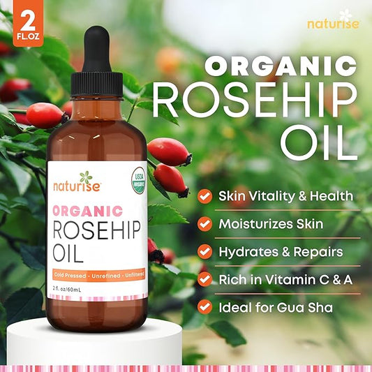 Organic Rosehip Seed Oil for Face, 100% Pure, Natural Cold Pressed Rose Hip Oil for Skin, Hair, Nails and Body Care (2 FL. OZ.)