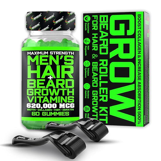 Beard Growth Kit w/Gummies Beard Growth Supplement & Hair Growth Vitamins for Men + Beard Roller Kit (2-pack: Hair Follicle Stimulator Beard Roller for Hair Growth Men Use as a Follicle Booster) USA