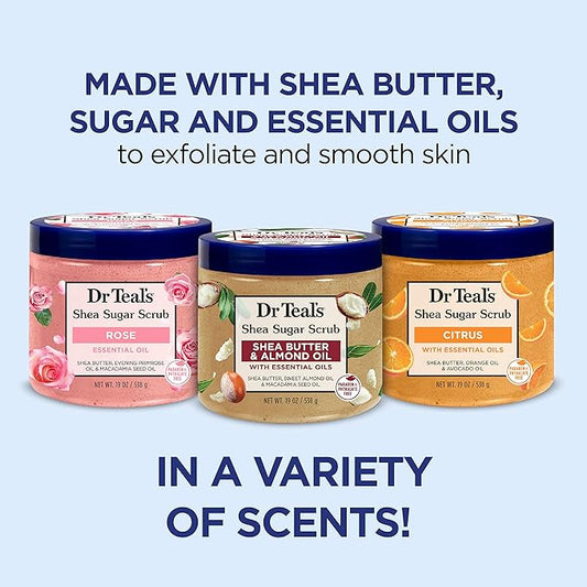 Dr Teal's Shea Sugar Scrub Trial Pack, Rose, Shea Butter, Citrus 19 oz (Pack of 3)