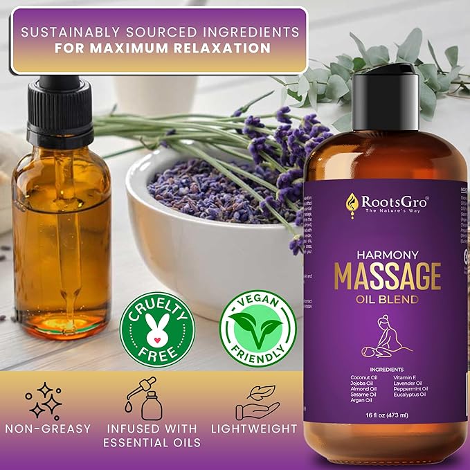 Harmony Massage Oil - Hydrating Blend with Coconut, Jojoba, Almond, Argan Oil & Vitamin E - with Lavender, Peppermint & Eucalyptus - Ideal for Massage, Moisturizing & Relaxation - 16 Fl Oz