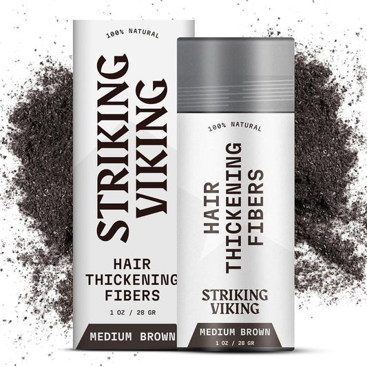Striking Viking Hair Fibers for Thinning Hair - 28 g, Medium Brown - Bald Spot Cover Up & Sweat-Proof Thickening Powder