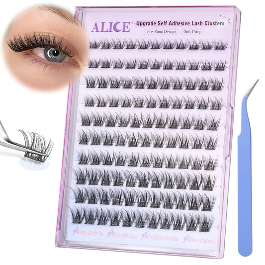 ALICE Self Adhesive Lashes Natural Look Clusters No Glue Needed Wispy Reusable Press on Lashes Pre-Glue 8-14mm 120pcs C Curl With Lash Tweezers
