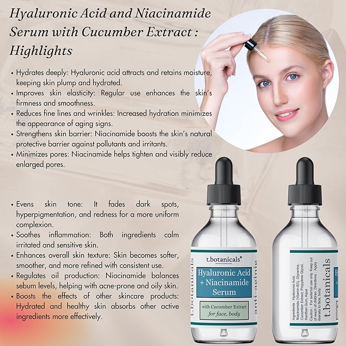 Pure Hyaluronic Acid and Niacinamide Serum with Cucumber Extract 2/4/8 oz. Helps to Tightens Pores and Reduce Fine Lines Plumping Anti-Aging Face Skin Intense Hydrating and Moisturizing (8 oz.)