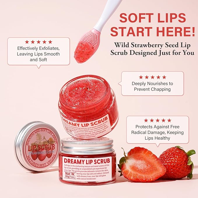 Wild Strawberry Seed Lip Scrub - Exfoliating & Moisturizing Lip Treatment with Olive Oil, Jojoba Oil, Coconut Oil, Natural Strawberry Extract - Includes Dual-Sided Silicone Brush, 1.01oz