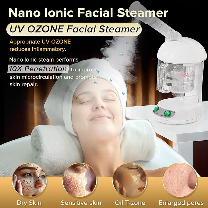 Easy to Clean Facial Steamer, Nano Ionic Face Steamer for Facial Deep Cleaning, Portable Face Humidifier with 360° Rotating Arm, 300ML Large Capacity, with Aromatherapy Diffuser, Warm Mist