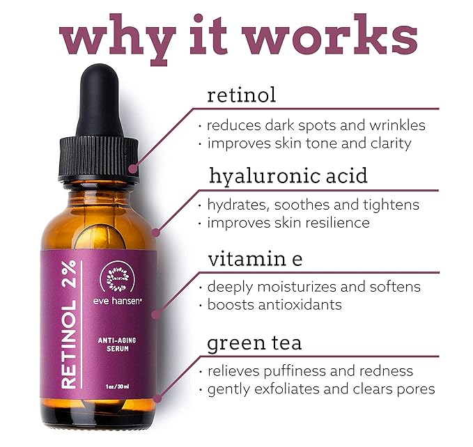 Eve Hansen Anti-Aging Retinol Serum for Face | Anti-Wrinkle Serum with Vitamin A, E, and Hyaluronic Acid | Acne Scar, Pore Minimizer Cruelty Free 2% Organic Retinol Night Serum (1 oz)