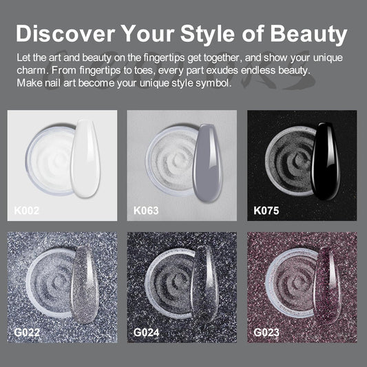 Dip Powder Nail Kit Starter, 6 Colors Glitter Dark Black White Dipping Powder Kit With Base & Top Coat/Activator/Brush Saver, Nail Art Manicure Salon DIY for Daily at Home Party Gifts for Women