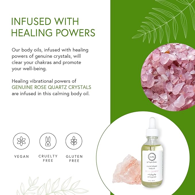 Honeybee Gardens Crystal Infused Body Oil, Rose Quartz, Organic, Moisturizing, Non-Greasy, for All Skin Types, 2 Fl Oz