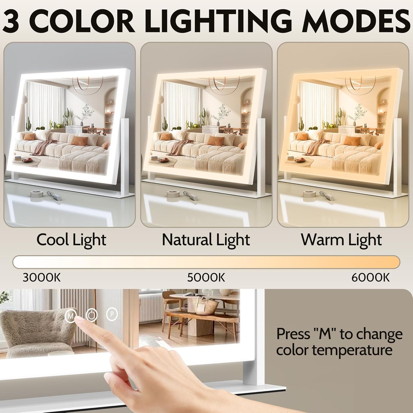 Lighted Makeup Mirror, 16.3"x12.6" Hollywood Vanity Mirror with Lights, 10X Magnification, 3 Color Lighting Modes, Smart Touch Control, 360° Rotation for Bedroom or Tabletop (White)