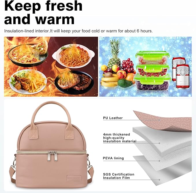 BALORAY Lunch Bag for Women Men, Double Deck Lunch Box for Adults, PU Leather Lunch Tote Bag Insulated Lunch Bags with Strap for Work Office Picnic
