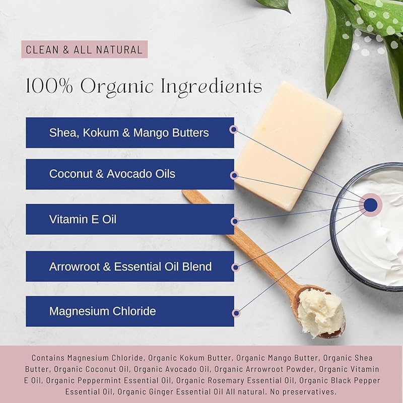 Organic Magnesium Whipped Body Butter, 4 oz Jar, Extra Strength Magnesium Chloride from Ancient Zechstein Seabed, Supports Muscle Relaxation & Better Sleep