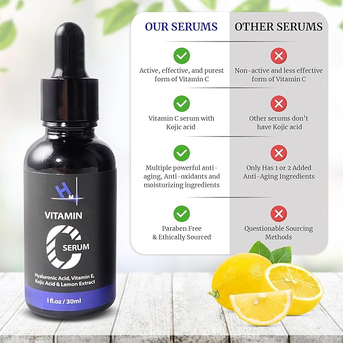HM Vitamin C Serum with Hyaluronic Acid, Vitamin E & 1 percent Kojic Acid | Anti-Aging & Brightening | Reduces Wrinkles & Enhances Skin Radiance