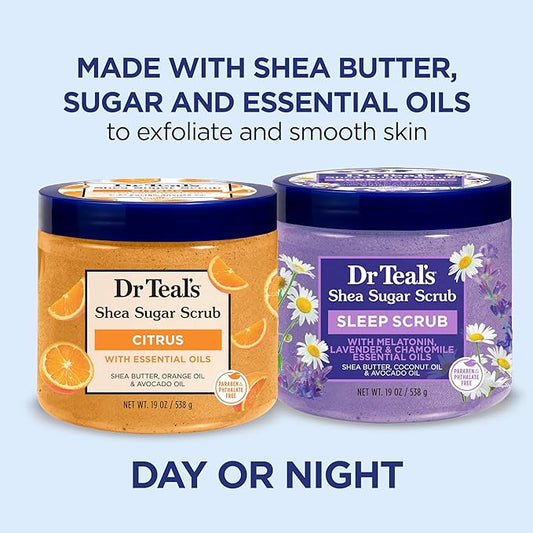 Dr Teal's Shea Sugar Body Scrub, Daytime/Nighttime with Vitamin C and Sleep Blend, 19 oz (Pack of 2)